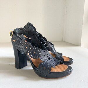 Chie Mihara Black Leather LAser Cut Detail High Heel Sandals 37.5